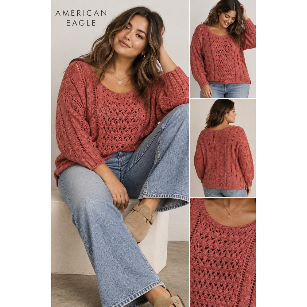 American Eagle Outfitters NWT XL Crochet Open Knit Sweater Rust Terracotta Boho